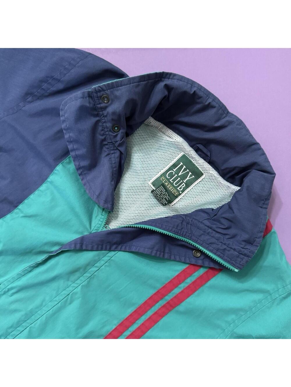 Vintage Ivy Club Classics Hooded Windbreaker Jacket Coat Green Blue Men’s Medium